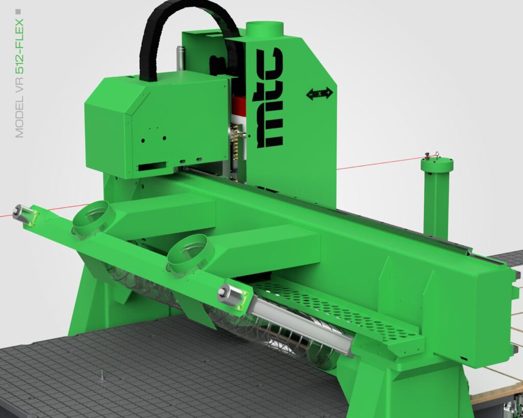 Close up image of the Flex Series CNC machine bridge and cutting head by MTC.