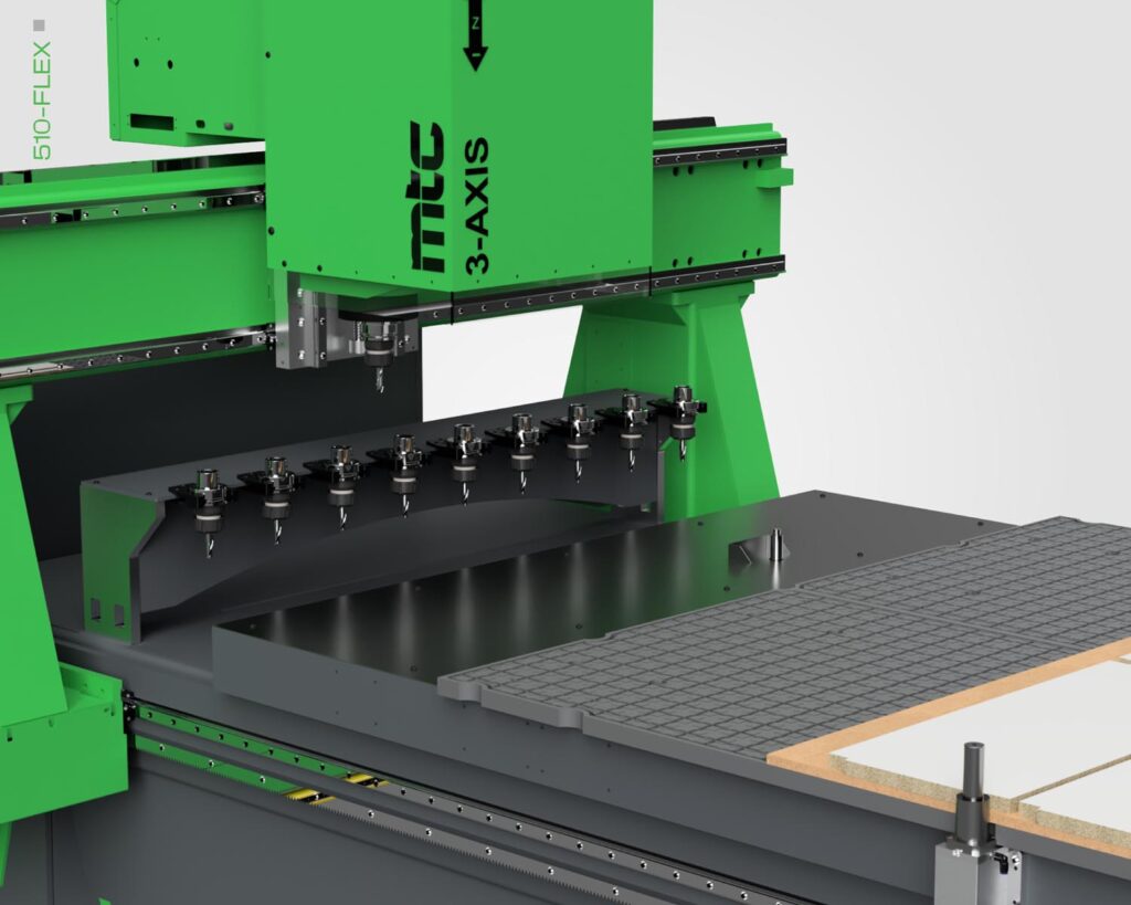 Close up image of the tool holder located on the Flex Series CNC machine by MTC.