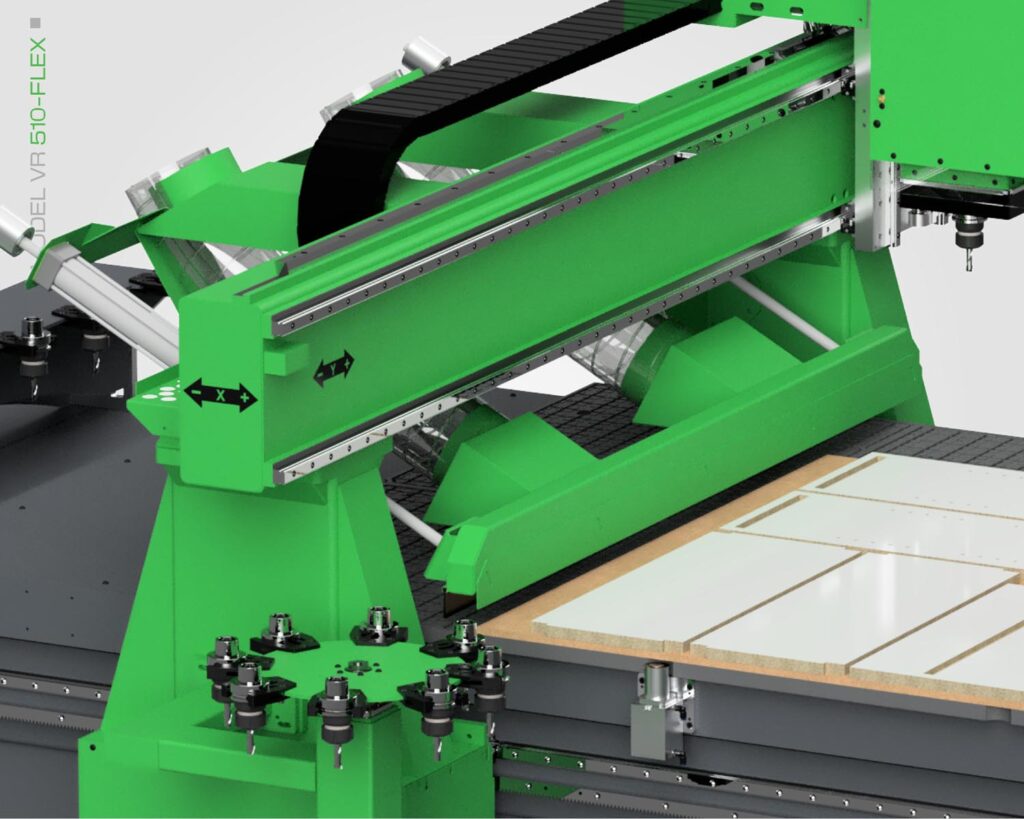 Close-up of Flex Series general nesting and routing CNC machine bridge by MTC.