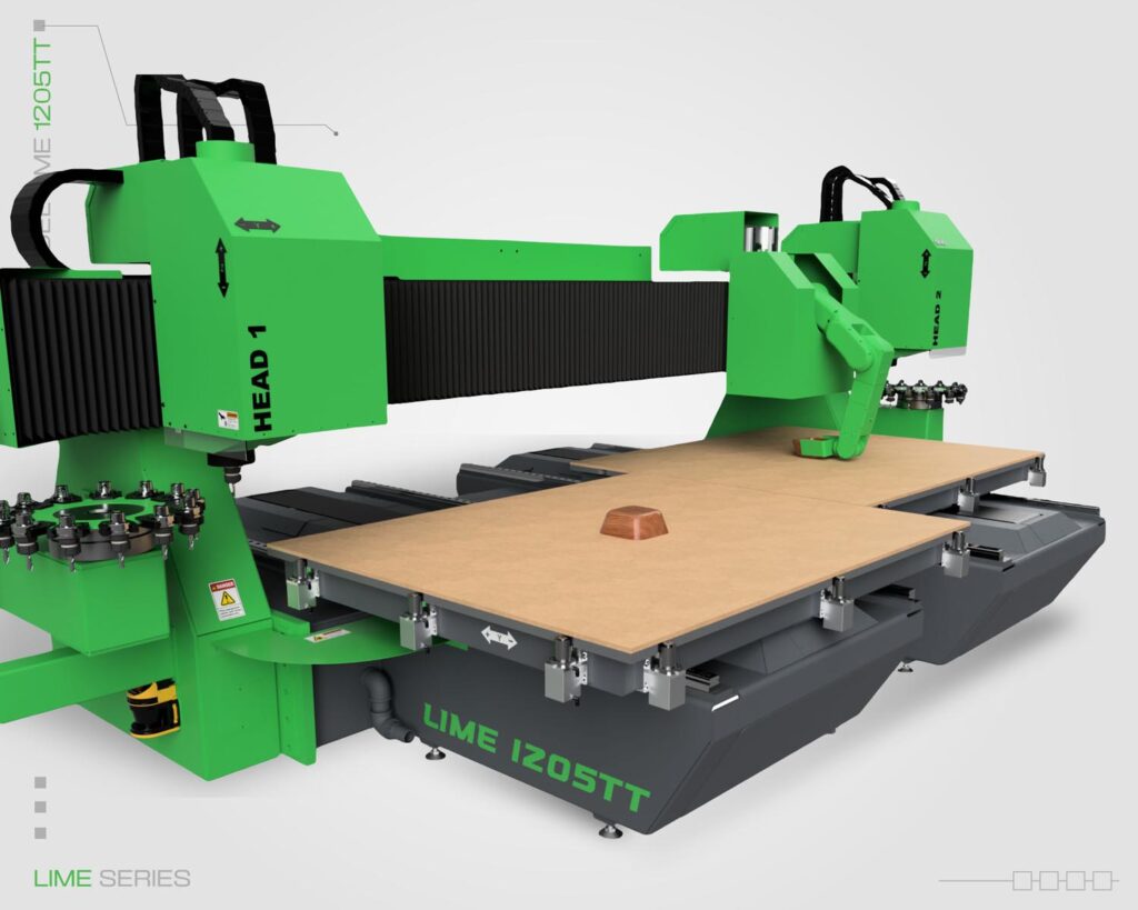 Lime Series fixed bridge CNC router with twin tables and two cutting heads, cutting wood. Image by Machine Tool Camo