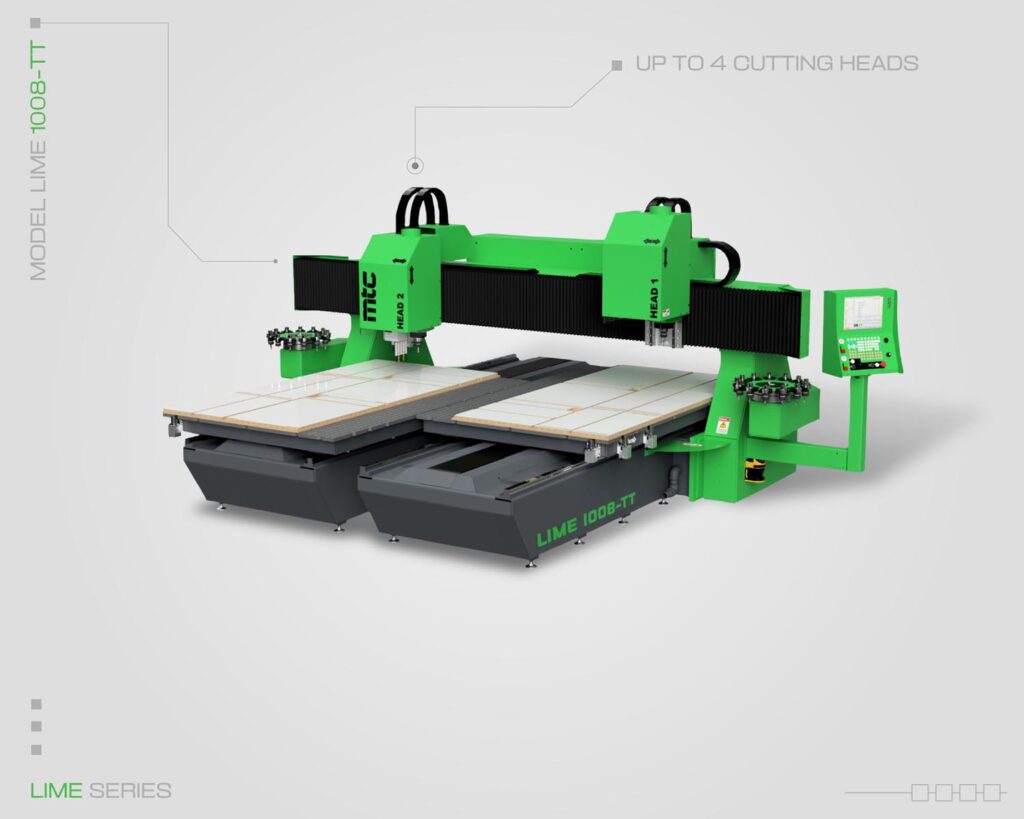 Lime Series CNC Machine front view with control panel and cutting area featuring two machine heads by Machine Tool Camp