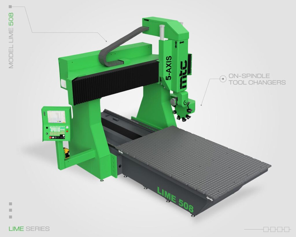 Lime Series fixed bridge CNC router front view featuring a single table setup by Machine Tool Camp