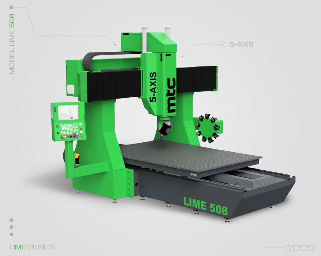 Side view of Lime Series fixed bridge CNC router featuring a single cutting head