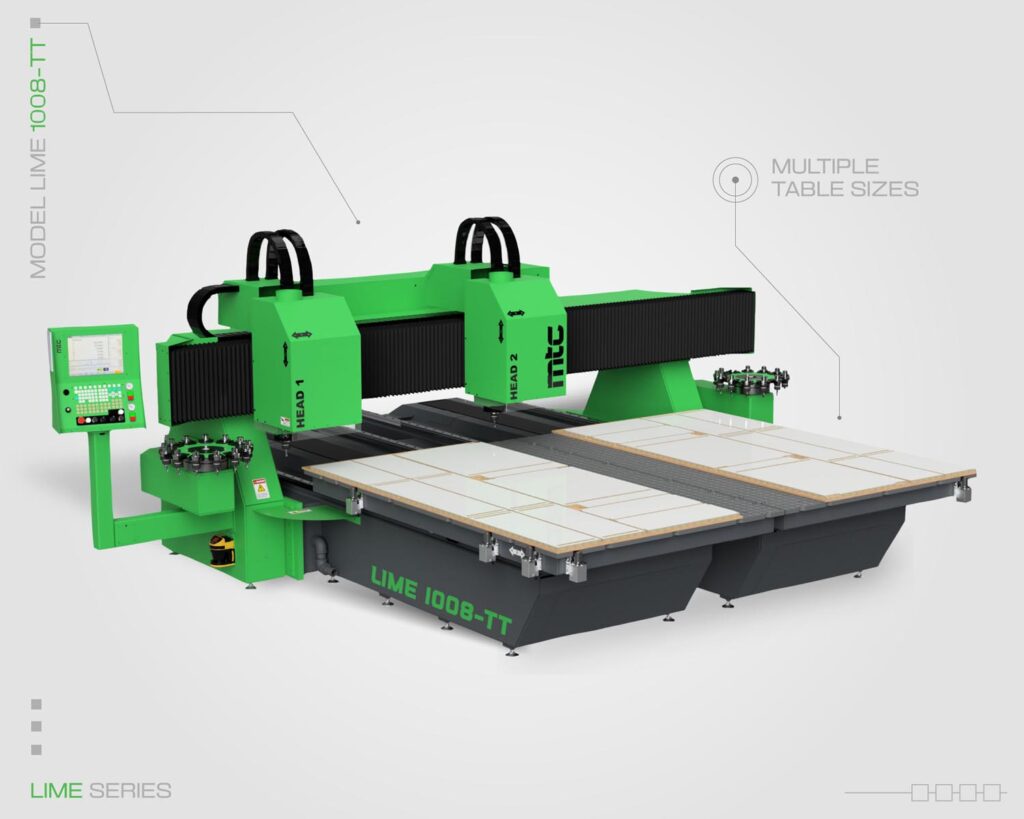 Lime Series fixed bridge CNC router front view with control panel and multiple tables by MTC.