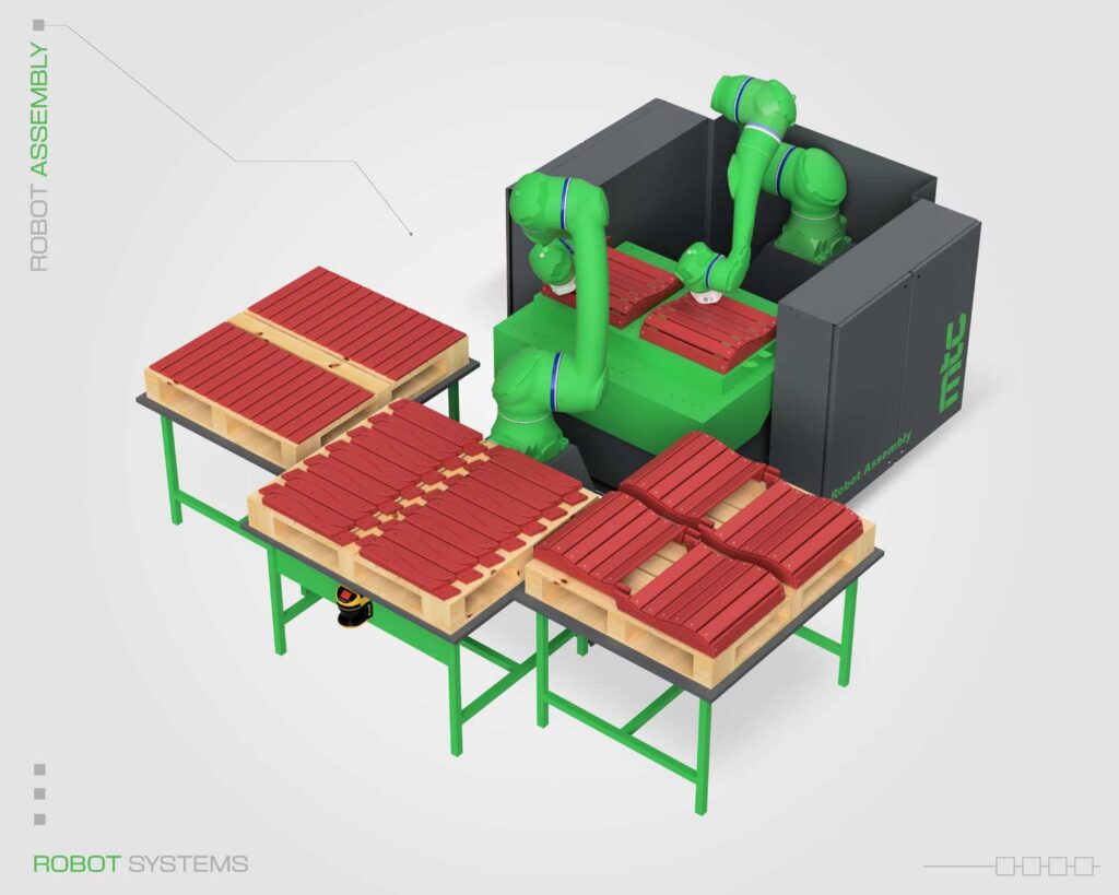 Robotic assembly system with green robotic arms from MTC assembling red components on tables, optimized for efficient manufacturing processes.