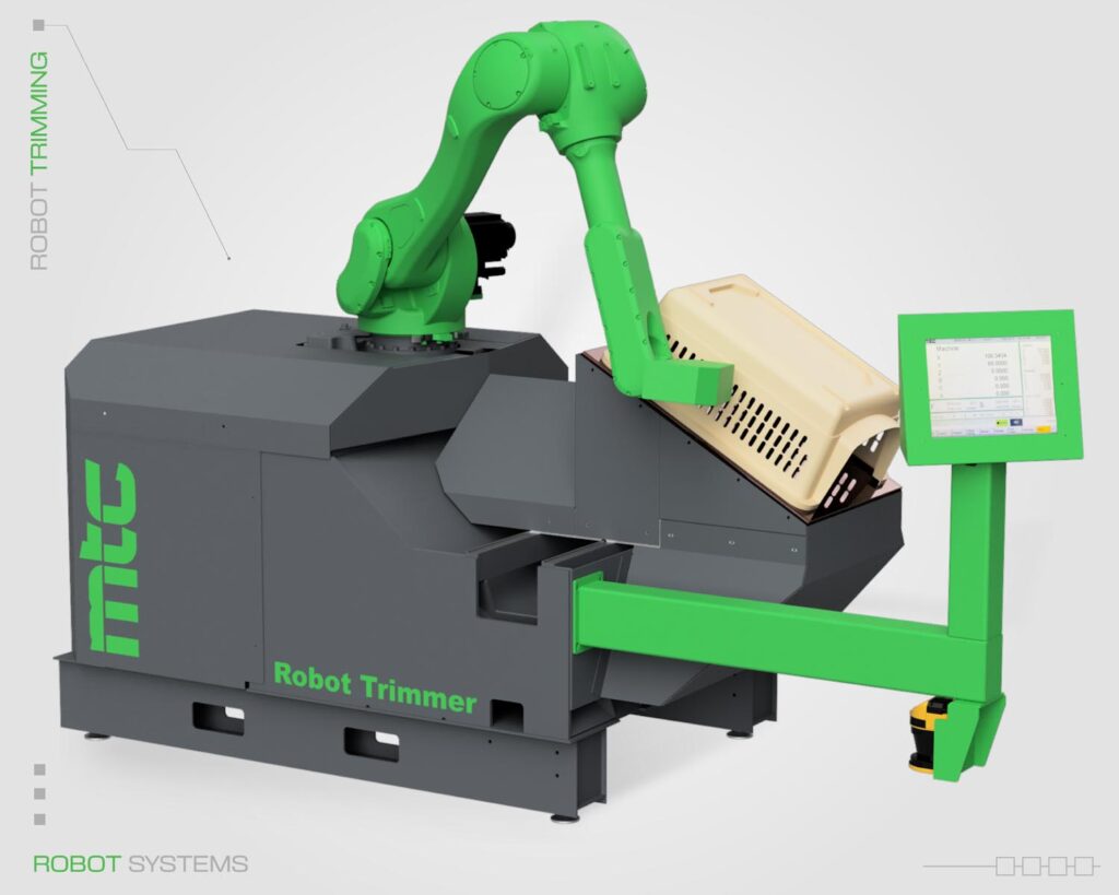 Portable robotic trimmer with a green robotic arm from MTC trimming a beige plastic part, featuring a user-friendly touchscreen control panel.