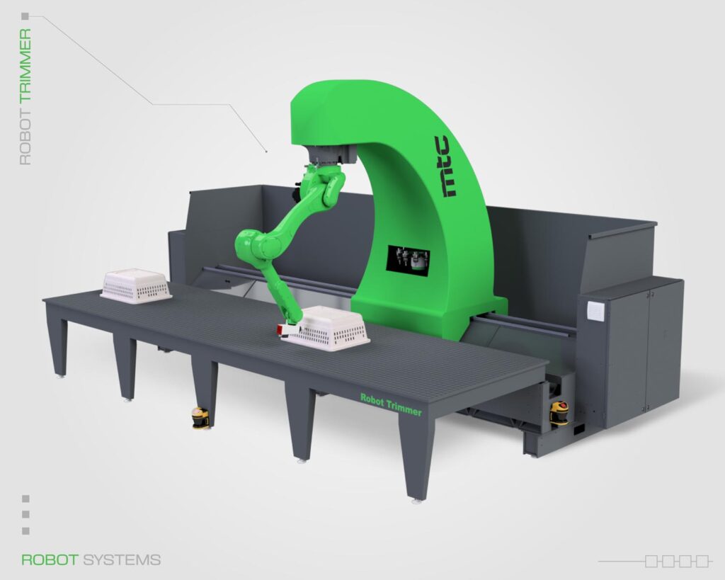 Image of a portable robotic trimmer with a green robotic arm from MTC trimming a beige plastic part, featuring a user-friendly touchscreen control panel.