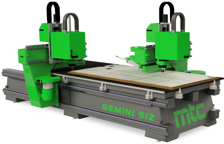 Gemini Nester Split-Bridge CNC Router, featuring two machine cutting heads in green. Model Gemini 512 by Machine Tool Camp