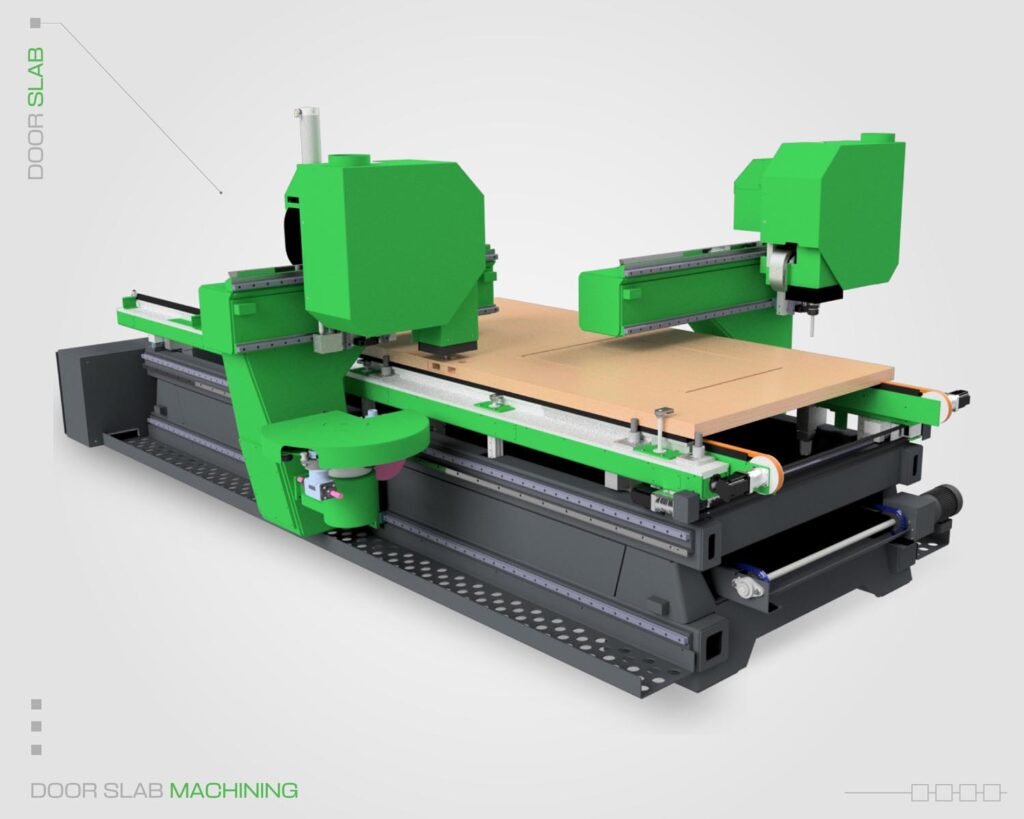 Door slab CNC machine by MTC featuring two cutting heads.