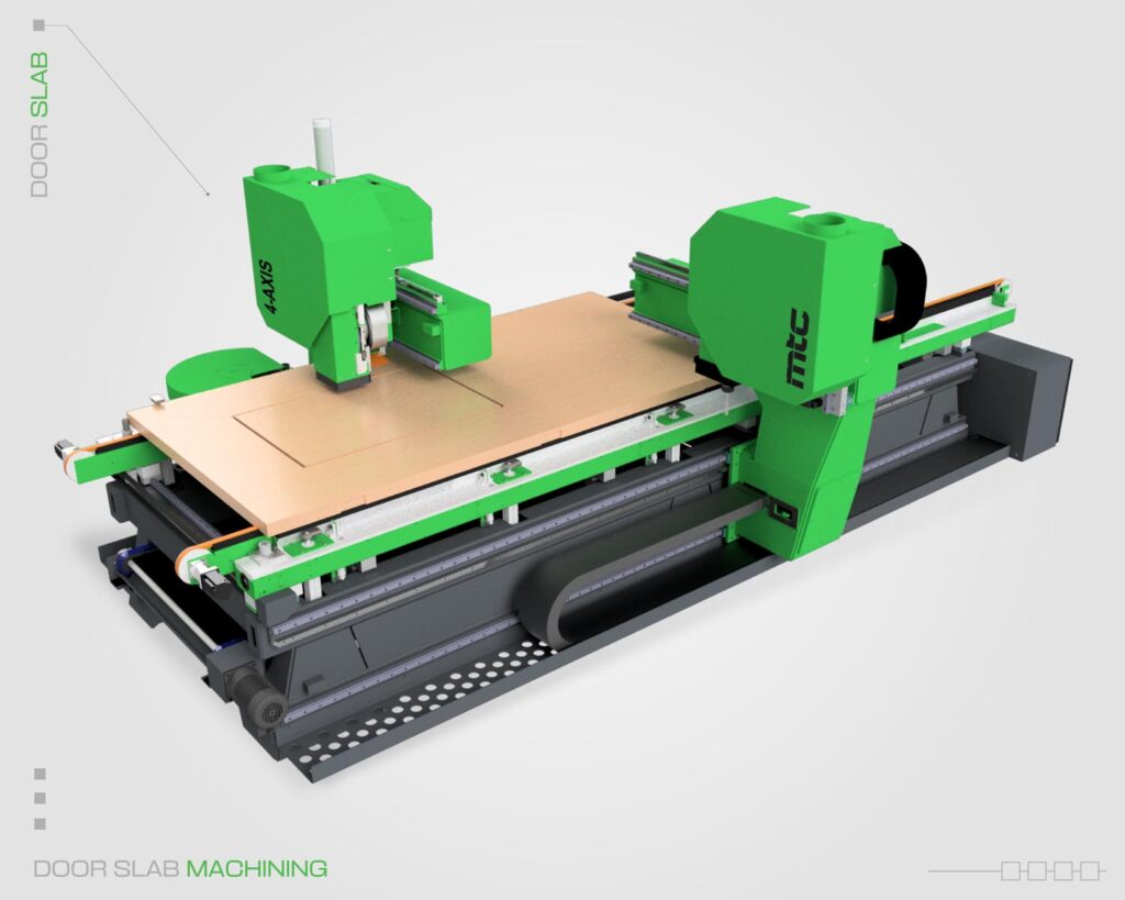 Side-view of the Door slab CNC machining system by MTC. Two 4-axis cutting heads processing a wooden door slab.