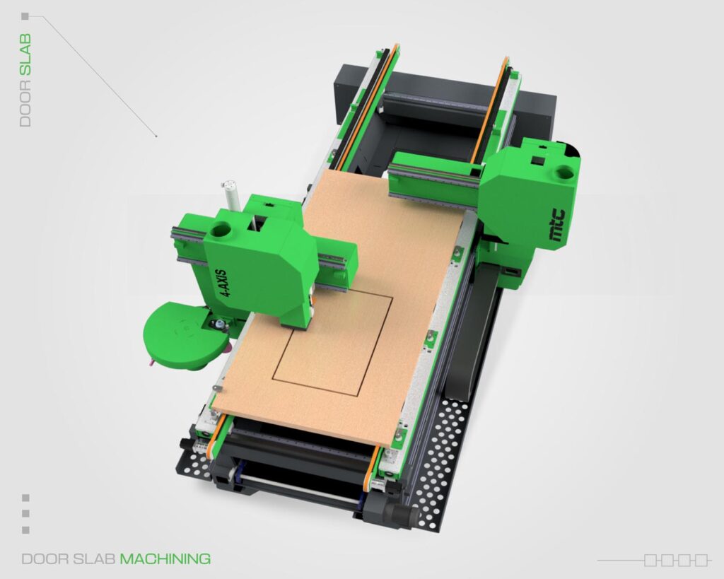 Aerial view of the Door Slab CNC machine processing a wooden door slab. Featuring two, 4-axis cutting heads.