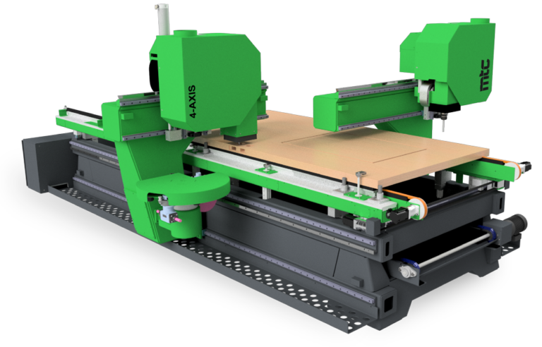 Door slab machining system by MTC processing a wooden door slab.