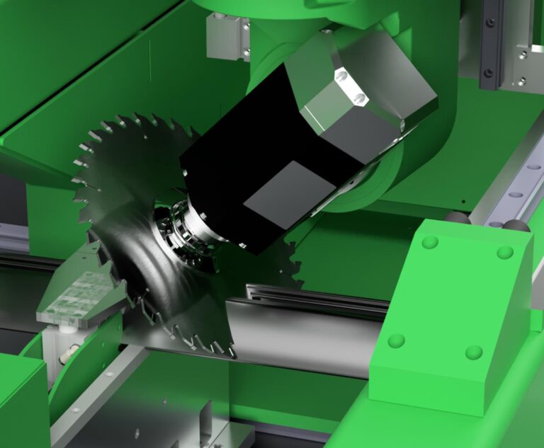 Close-up view of the sawing tool on the MTC HARP 7713-AL 5-axis CNC extrusion mill