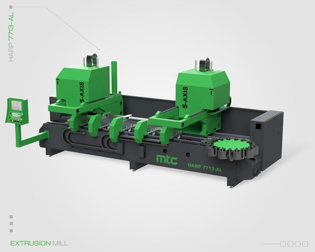 MTC HARP 7713-AL high-precision 5-axis CNC extrusion mill featuring two machining heads.