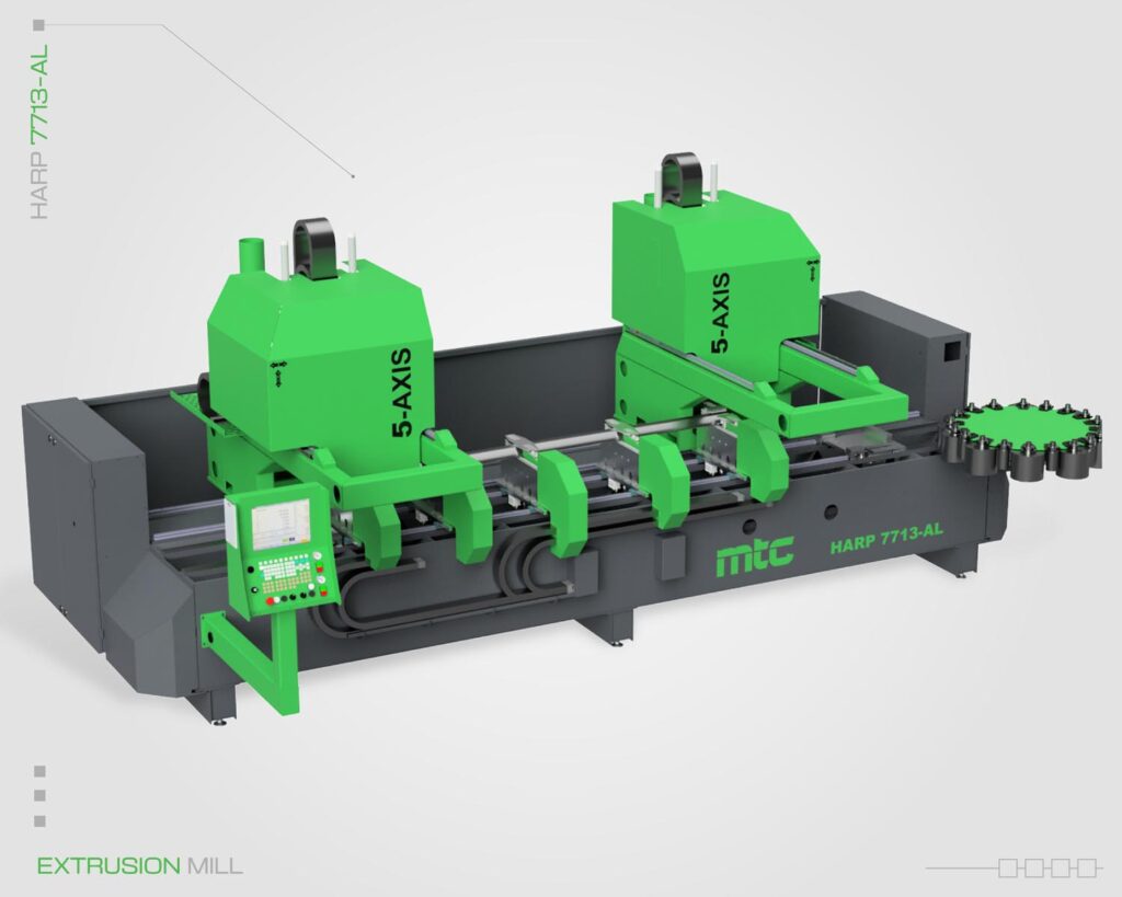 MTC HARP 7713-AL high-precision 5-axis CNC extrusion mill featuring two machining heads, side angle view