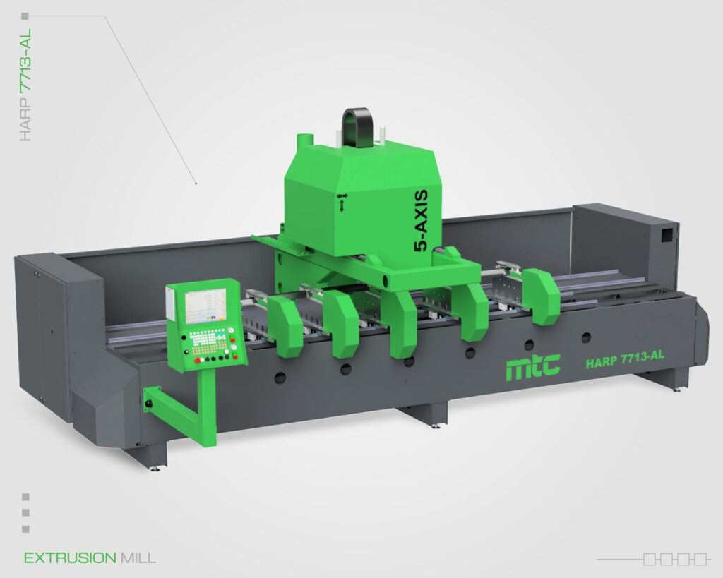 MTC HARP 7713-AL high-precision 5-axis CNC extrusion mill featuring a single machining head, side angle view