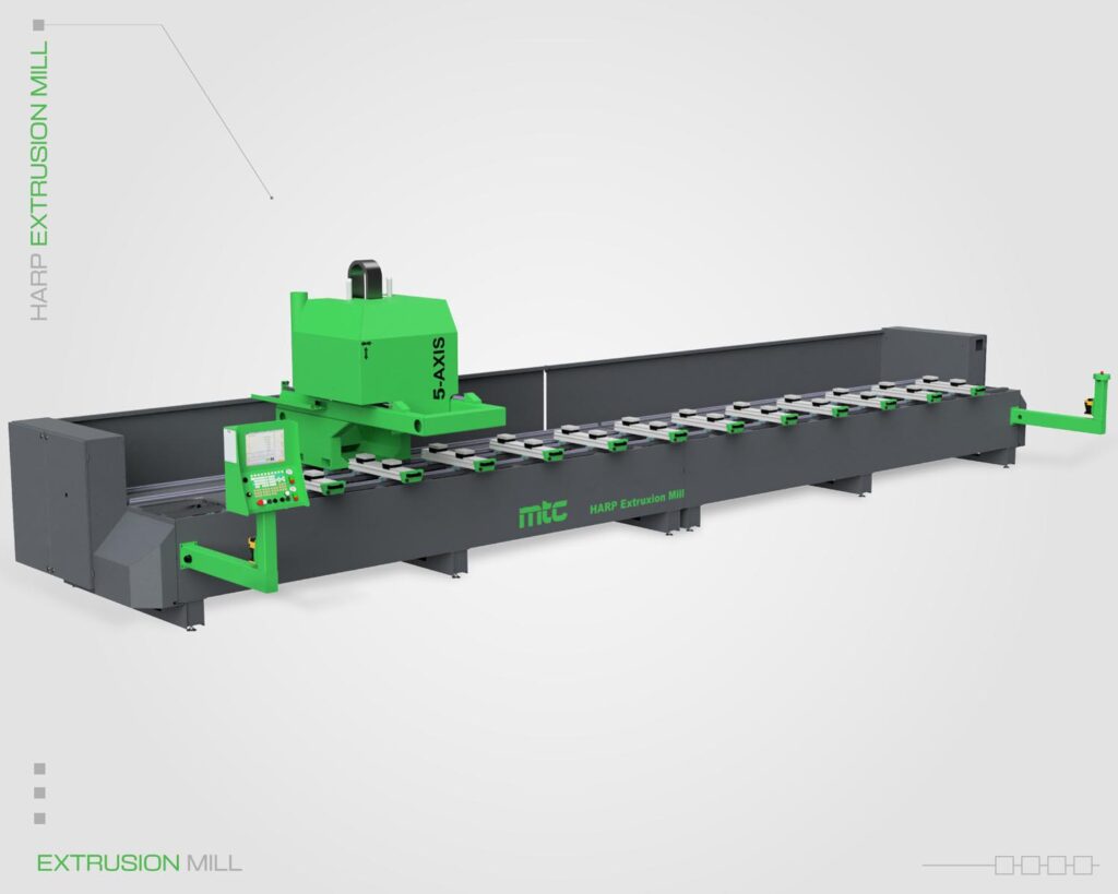 MTC HARP 7713-AL 5-axis CNC extrusion mill, achieving higher throughput with multiple spindles cutting simultaneously on parts up to 31 feet long