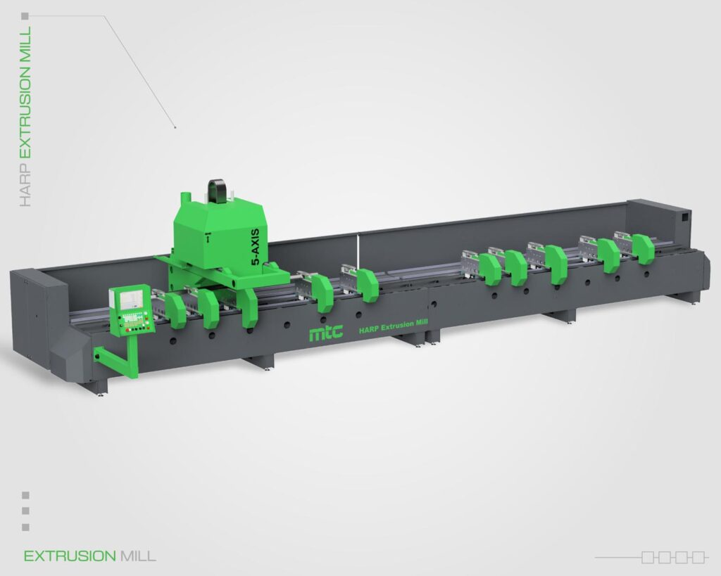 MTC HARP 7713-AL 5-axis CNC extrusion mill designed for cutting on parts up to 31 feet long.