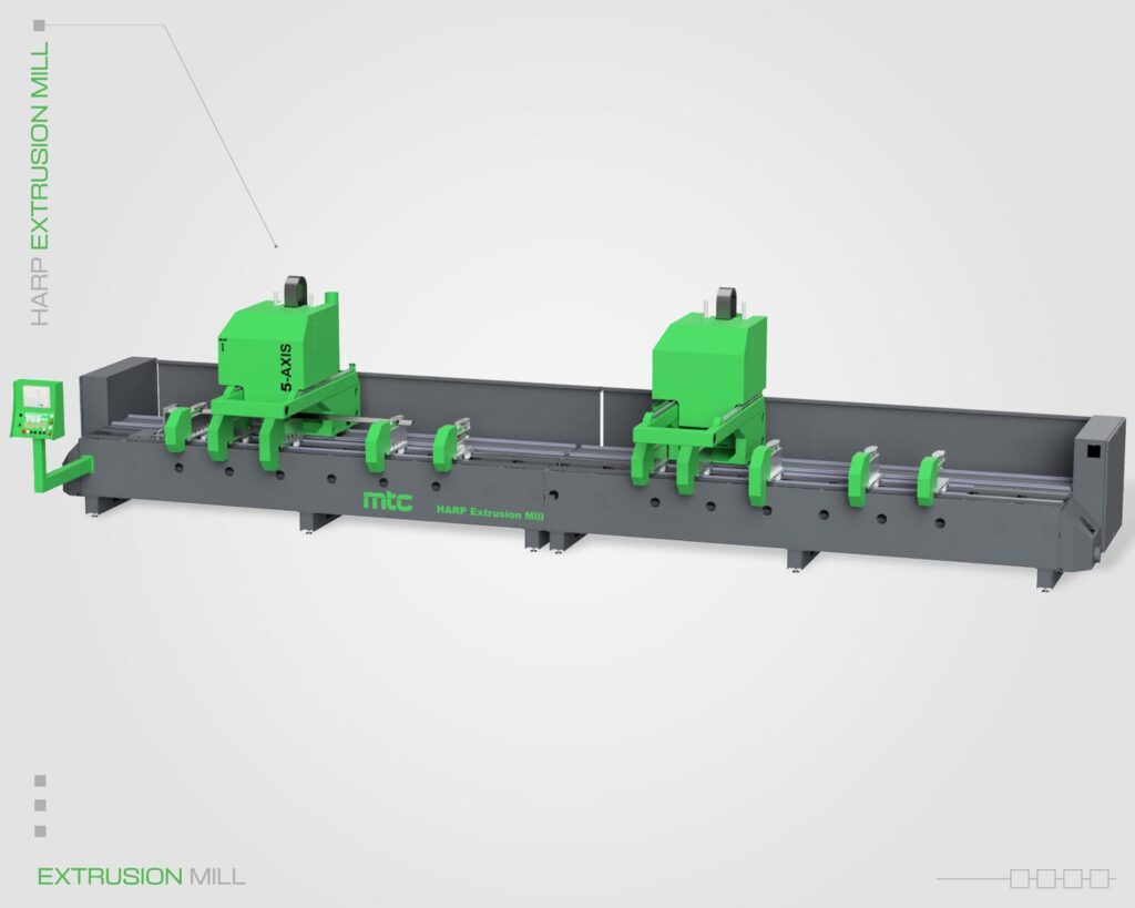 MTC HARP 7713-AL 5-axis CNC extrusion mill featuring two cutting heads.