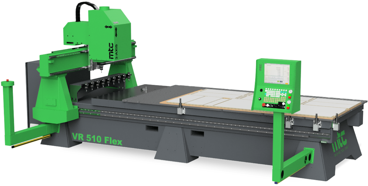 Side-view of the General Nesting and Routing CNC machine by Machine Tool Camp. Model VR 510 Flex.