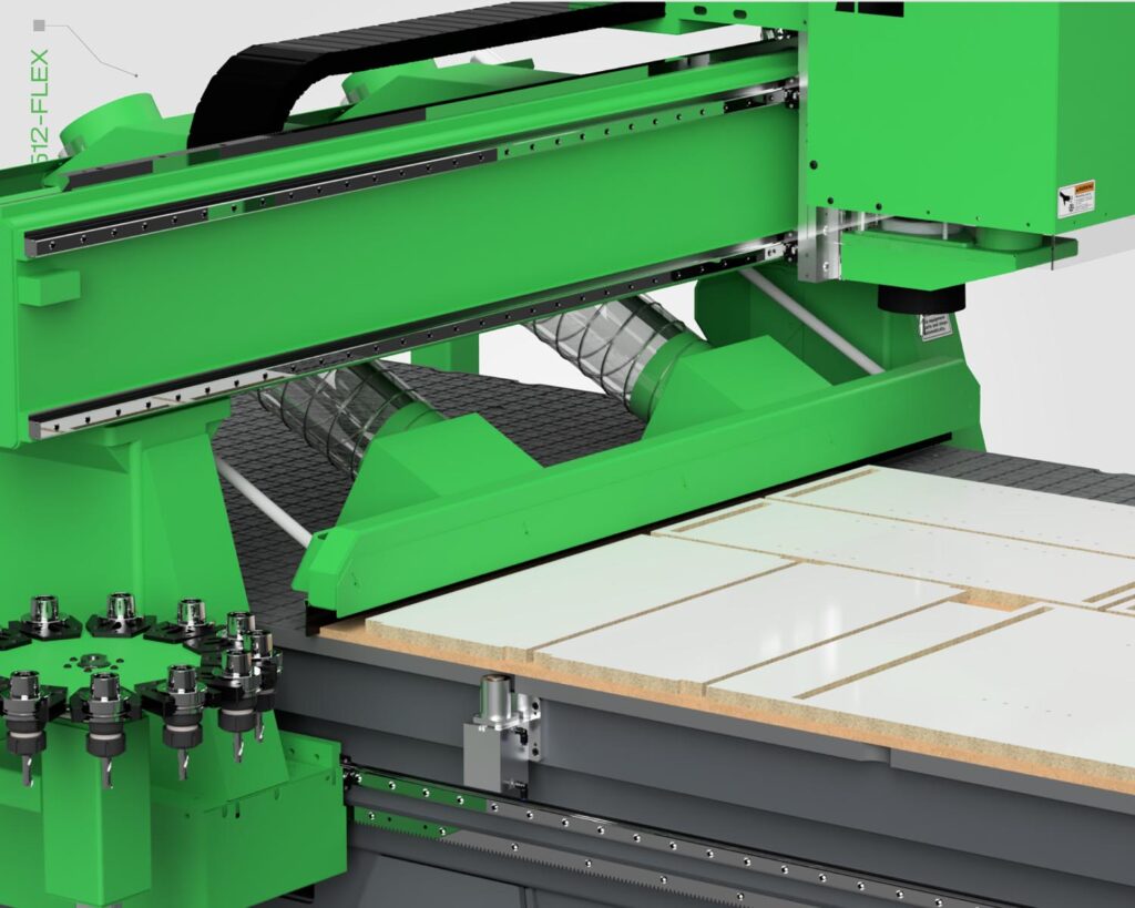 Close-up Image of the bridge located on the general nesting and routing CNC machine by Machine Tool Camp. Featuring the tool changer, bridge, and cutting head. Model VR 512 Flex.