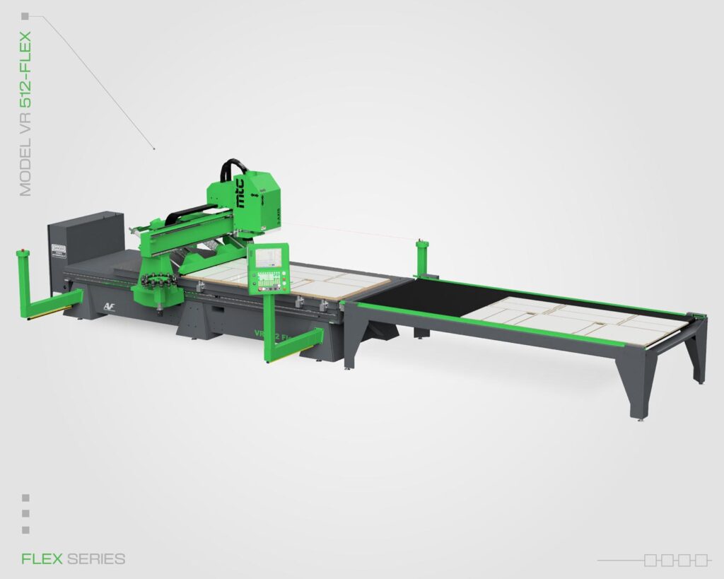 Side-View image of the Flex Series Vertical CNC, General Nesting Router. Model VR 512 Flex by Machine Tool Camp. Featuring a longer work table.