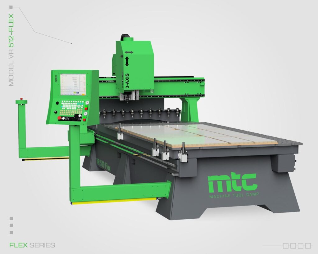 Front-view image of Flex Series Vertical CNC Router, Model Flex VR 510 By Machine Tool Camp. Featuring a green 3-axis machine cutting head.