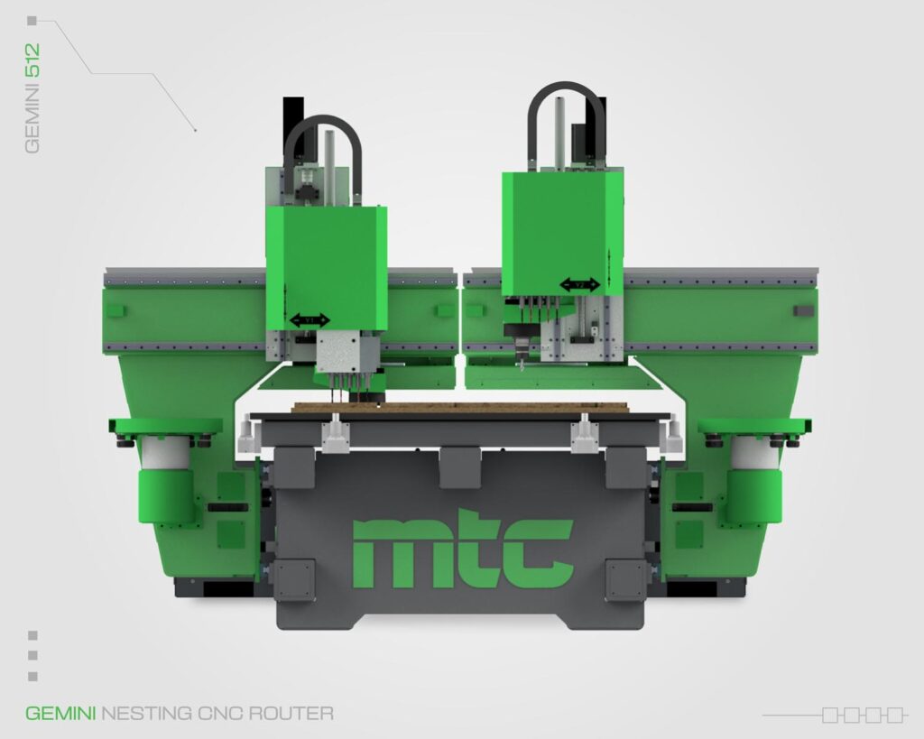 Front view image of the Split-bridge Nesting CNC router by Machine Tool Camp, model Gemini 512, cutting heads positioned in the middle of the machine.