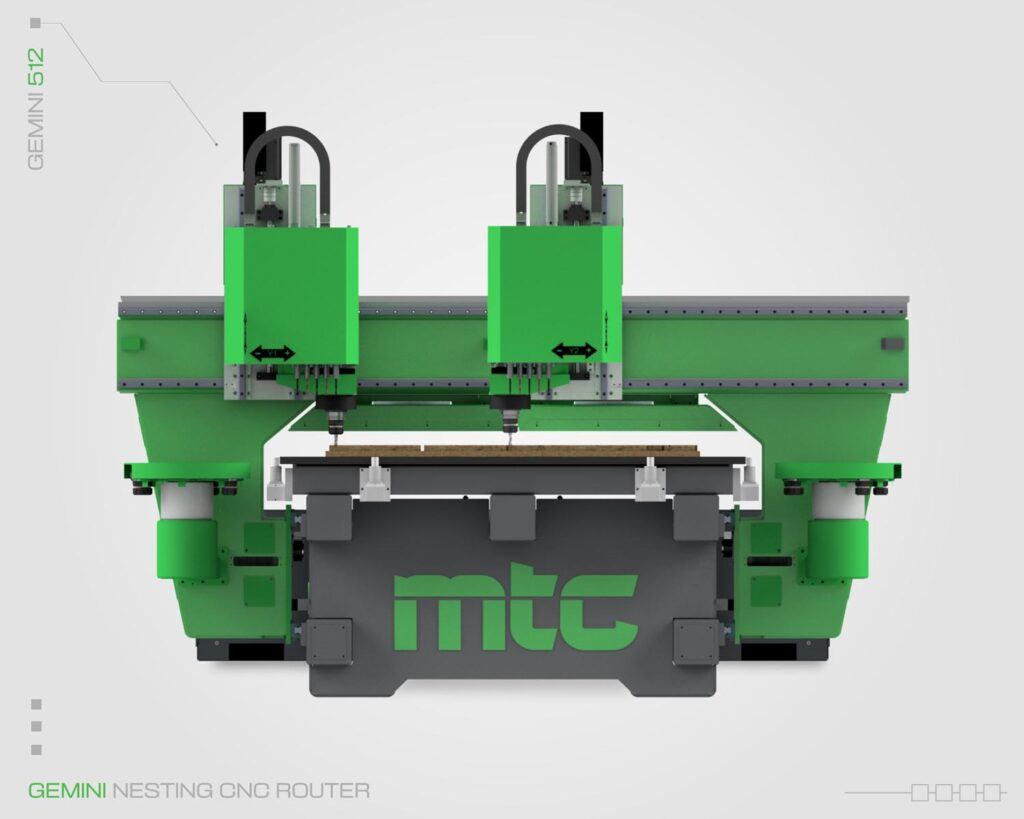 Front view image of the Split-bridge Nesting CNC router by Machine Tool Camp, model Gemini 512.