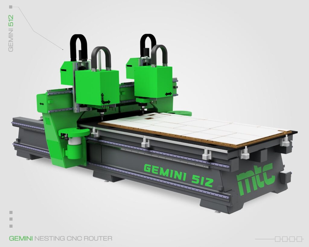 Side-angle image of the Gemini Nester by Machine Tool Camp, a split-bridge nesting CNC machine. Model Gemini 512, featuring a two-bridge system.