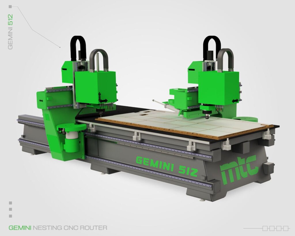 Side-angle image of the Gemini Nester by Machine Tool Camp, a split-bridge nesting CNC machine. Model Gemini 512, featuring a two-bridge system.