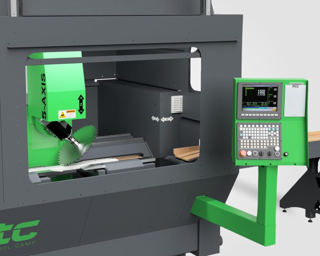 Close up view of the harp series enclosed cnc machine, featuring the control panel and saw.