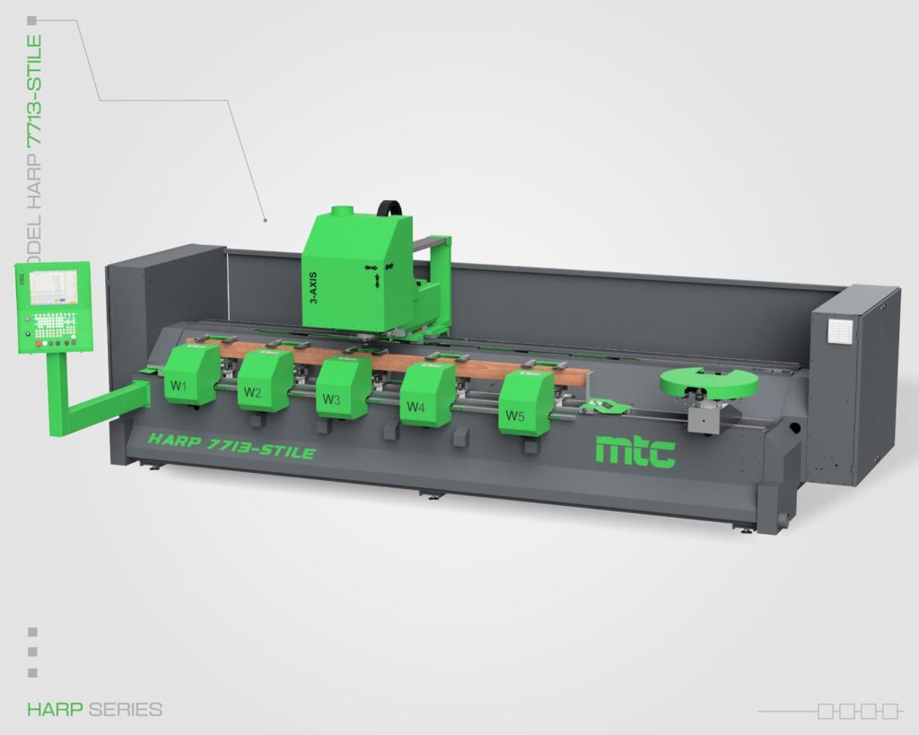 Front-view image of the Harp series CNC machine for long and narrow parts processing. Model HARP 7713-Stile by MTC. Image features the machine processing a wooden piece.