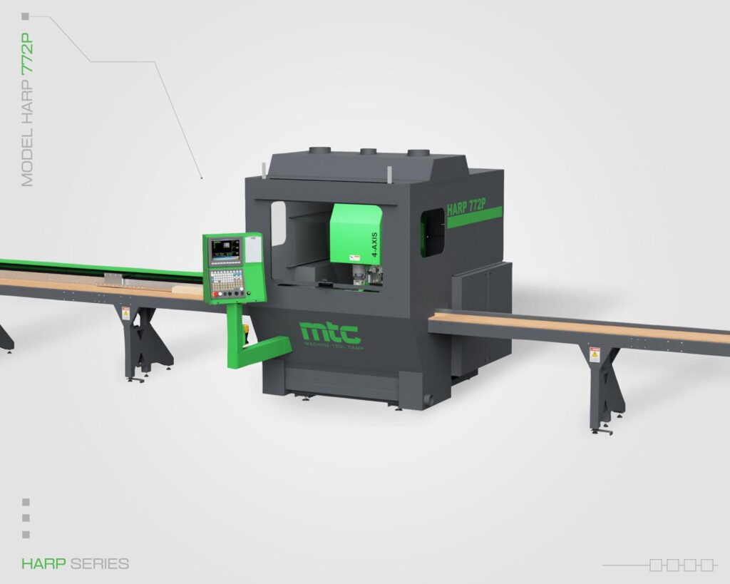 Front-view image of the Harp series CNC machining system for long and narrow parts processing. Machine features a grey colored enclosure and green cutting head. Model HARP 772P by Machine Tool Camp.