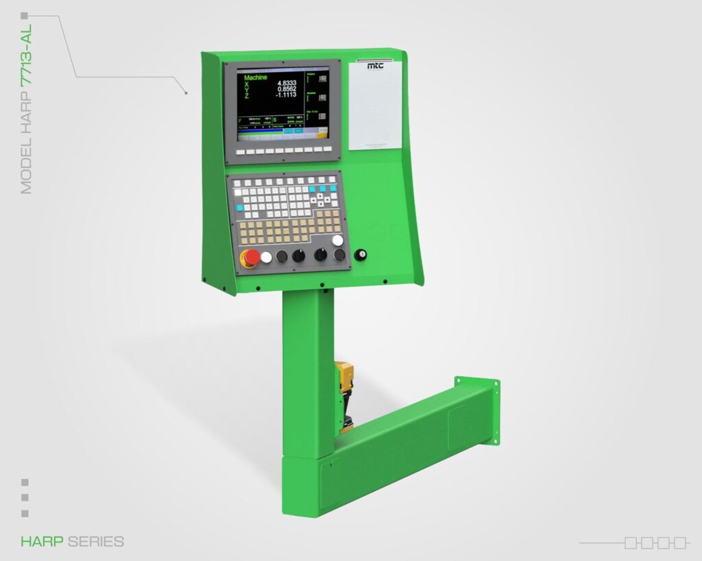 Close-up image of the green colored control panel located on the MTC CNC machines. Features a black screen, multi-colored buttons and knobs, and a white note pad for writing.