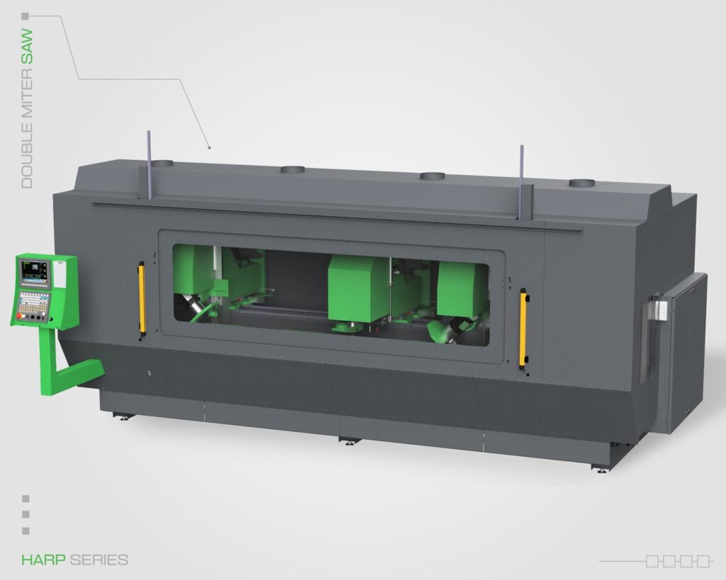 Advanced double miter saw by MTC featuring a grey colored enclosed work area, green CNC control panel, and multiple green cutting heads.