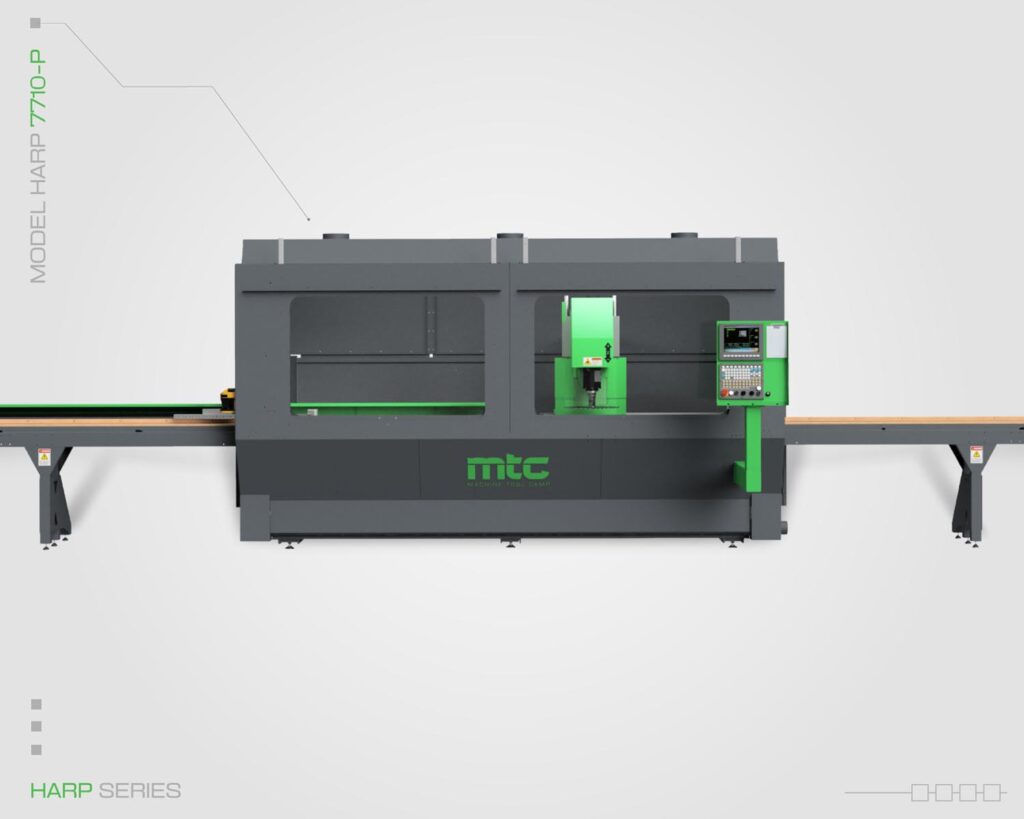 Harp Series CNC machine for long and narrow parts processing by MTC. Featuring a grey colored enclosure and a green cutting head. Model HARP 7710-P.