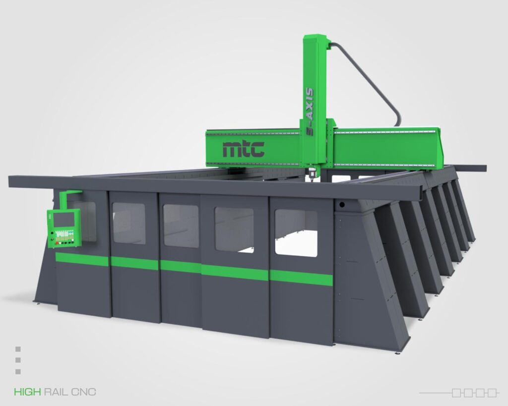 Side angle image of the Hi-Rail large format machining center, with the doors to the work area closed.