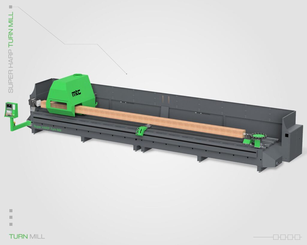 Advanced Turn Mill by MTC: Combining lathe and milling operations to process long wooden parts. Model Super HARP turn mill.