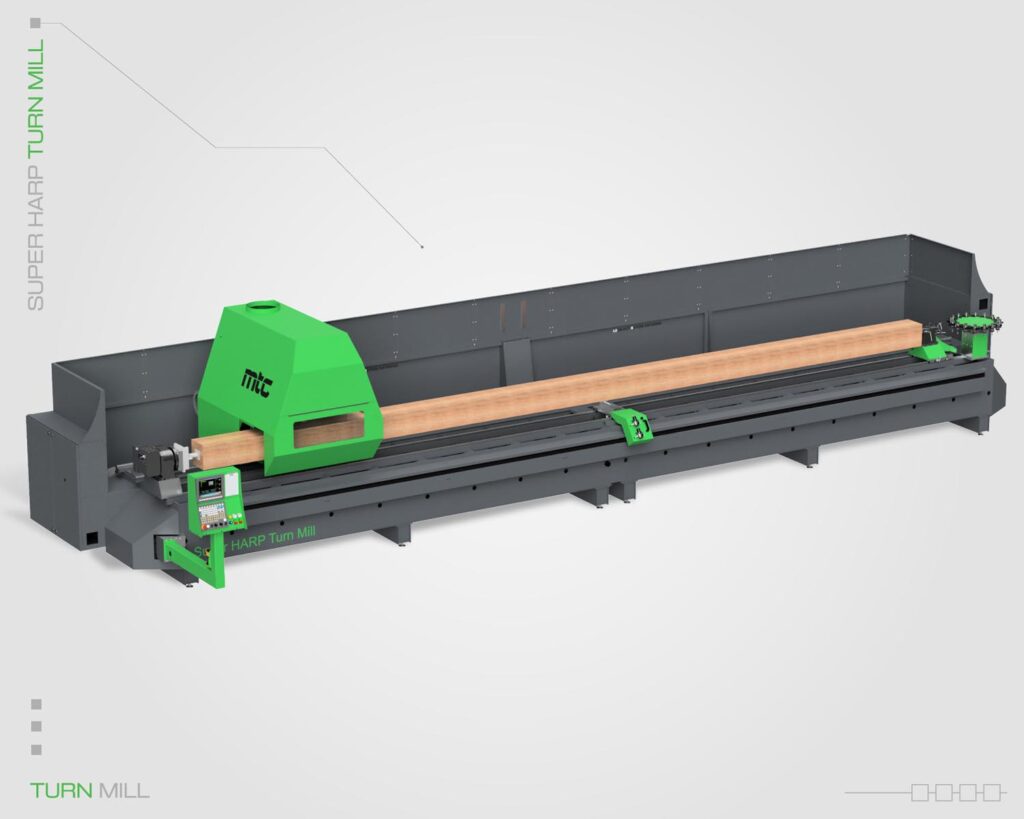 MTC Turn Mill CNC machine featuring the milling of a long wooden part.