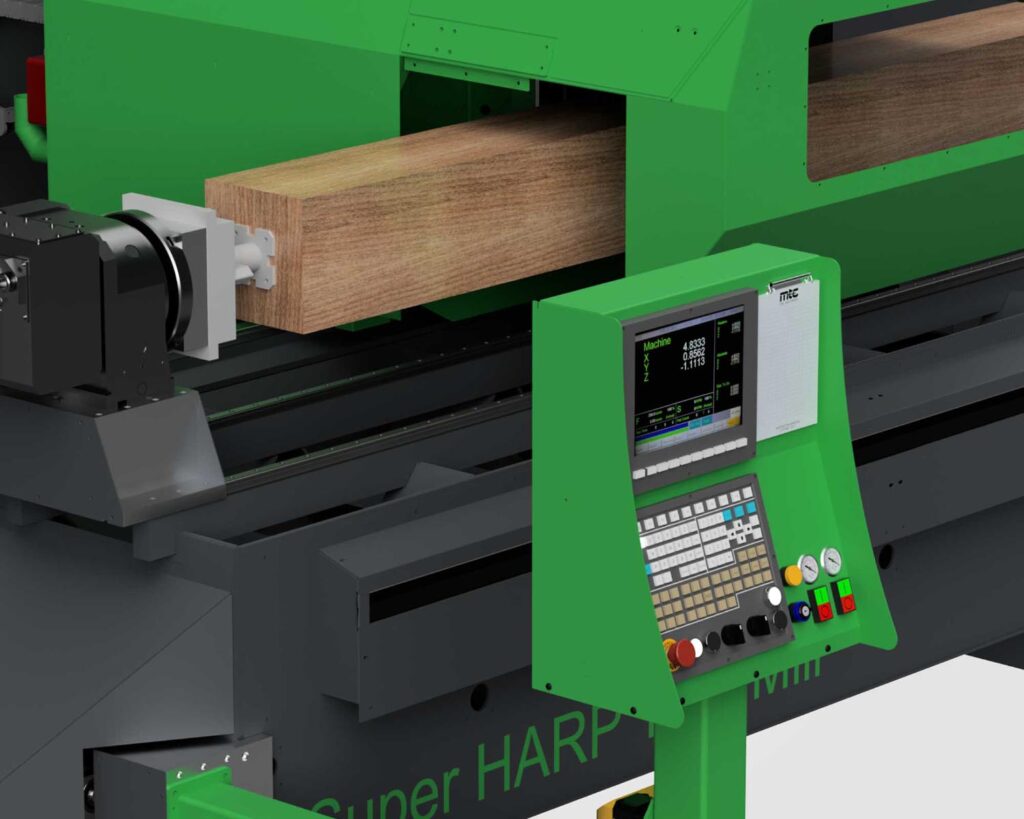 close-up view of MTC's turn mill processing wood, featuring the control panel of the CNC machine.